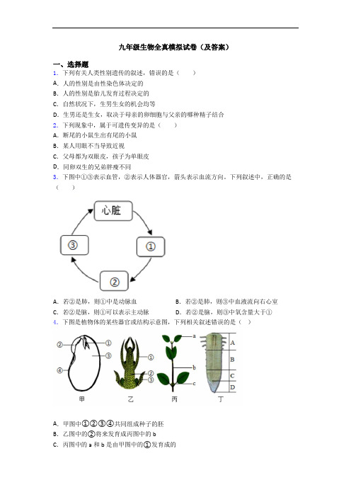 九年级生物全真模拟试卷(及答案)