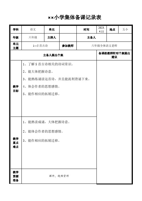 部编版六年级下册(古诗诵读)集体备课记录表(1--5首古诗)