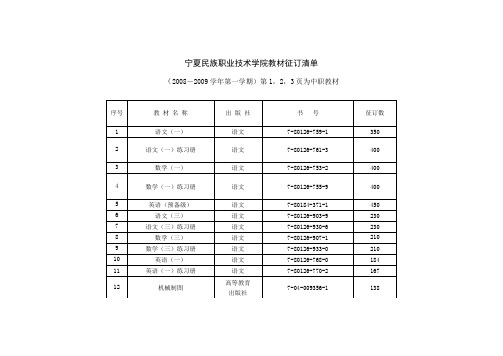 宁夏民族职业技术学院教材征订清单