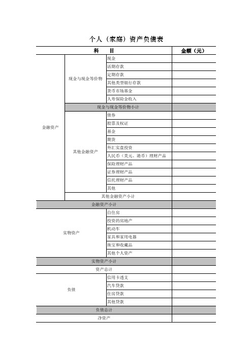 个人 家庭 资产负债表