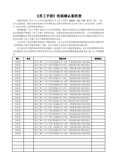 《员工手册》收阅确认签收表