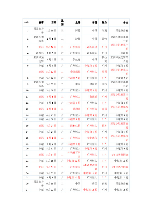 恒大2013赛季赛程表