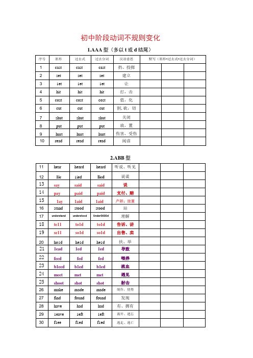 初中不规则动词及默写表