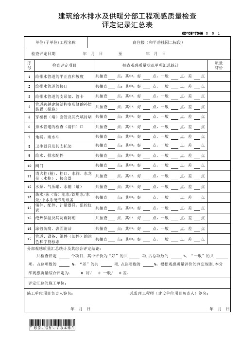 GD-C5-7346 建筑给水排水及供暖分部工程观感质量检查评定记录汇总表