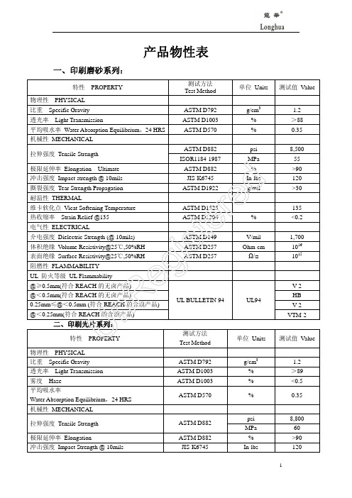 龙华产品物性表