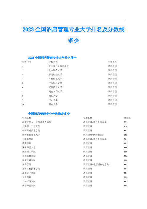 2023全国酒店管理专业大学排名及分数线多少