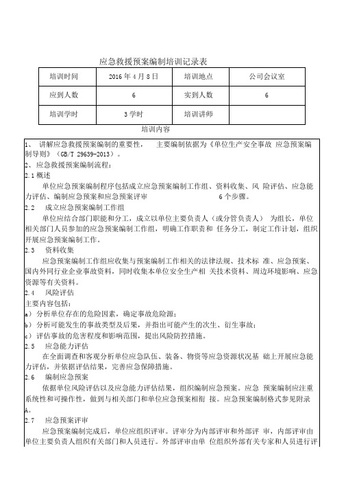 应急救援预案培训记录文本表