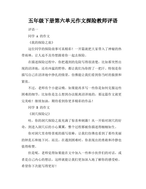 五年级下册第六单元作文探险教师评语