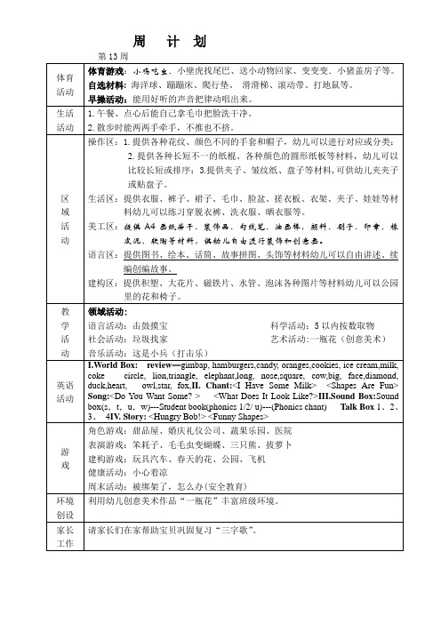 幼儿园小班班级周计划第13周