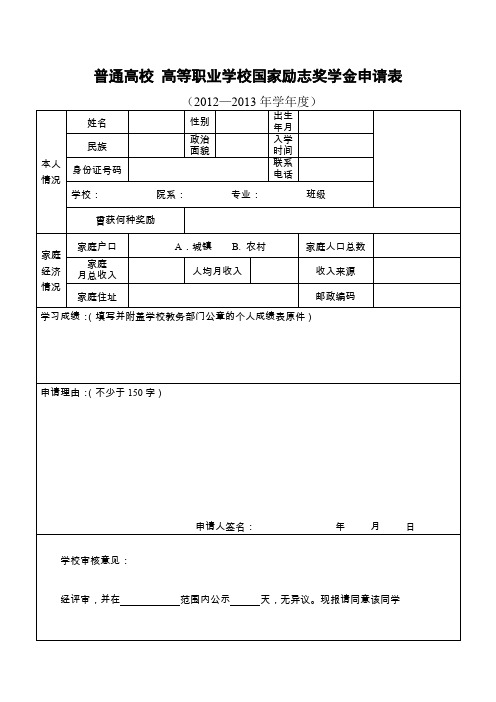 普通高校高等职业学校国家励志奖学金申请表