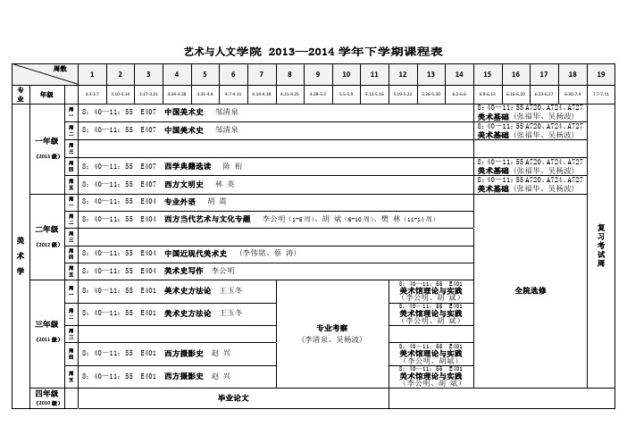 艺术与人文学院2013—2014学年下学期课程表