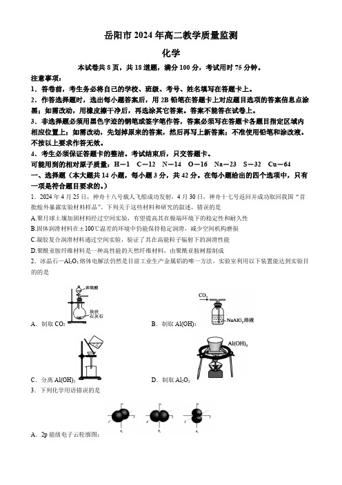 湖南省岳阳市2023-2024学年高二下学期期末考试化学试题