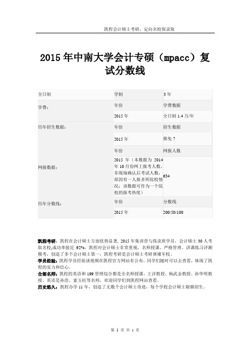 2015年中南大学会计专硕(mpacc)复试分数线