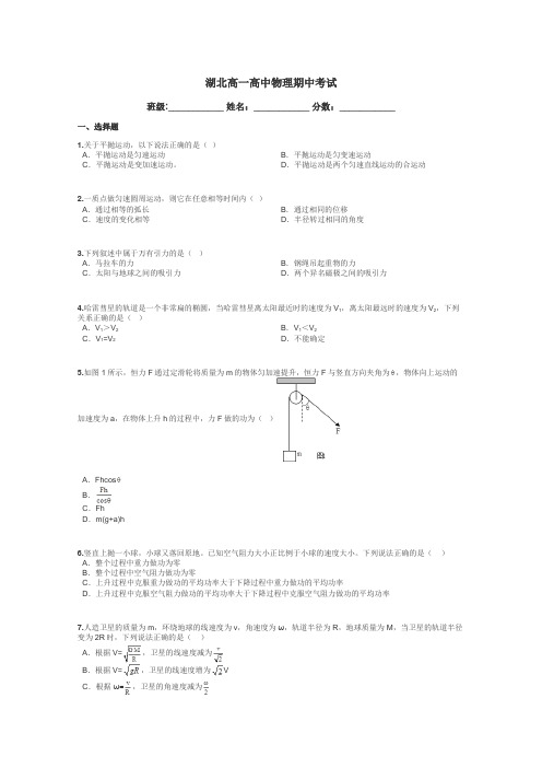 湖北高一高中物理期中考试带答案解析
