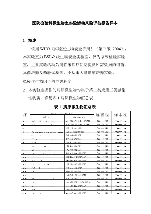 医院检验科微生物室实验活动风险评估报告样本