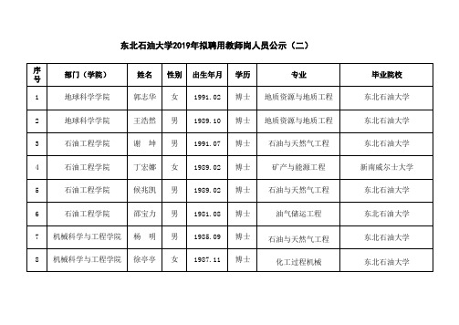 东北石油大学2019年拟聘用教师岗人员公示(二)