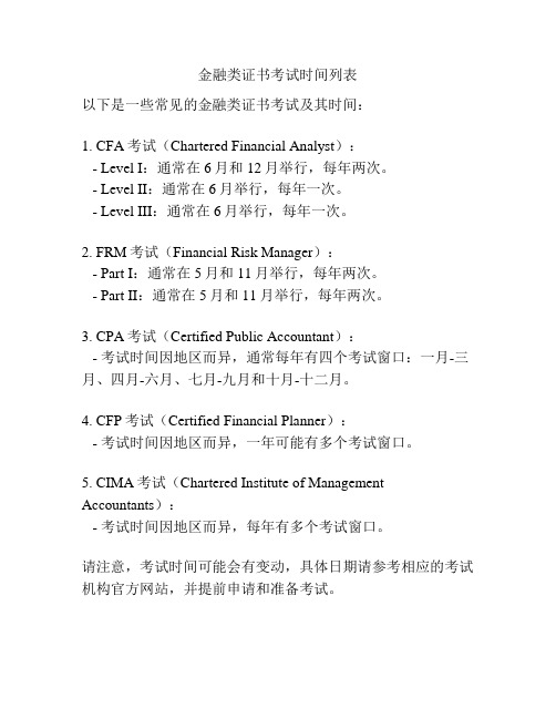 金融类证书考试时间列表