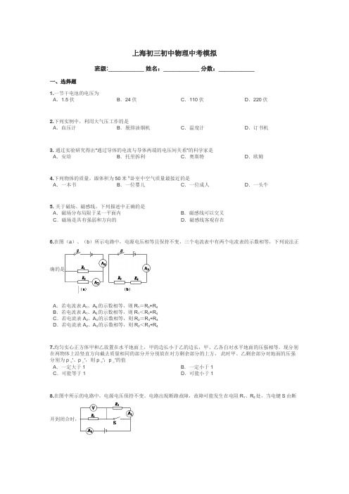 上海初三初中物理中考模拟带答案解析
