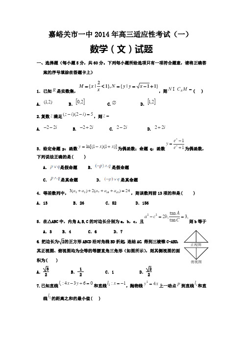 甘肃省嘉峪关一中2014届高三下学期适应性考试(一)数学(文)试题Word版含答案