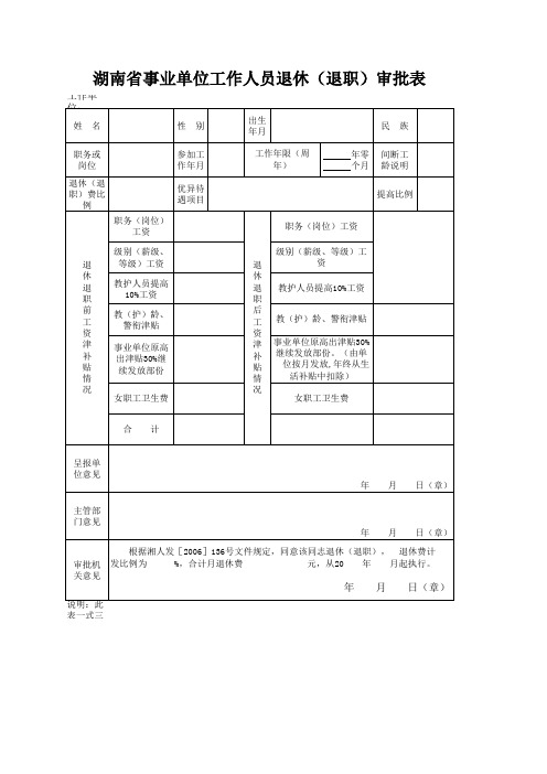 湖南省事业单位工作人员退休(退职)审批表