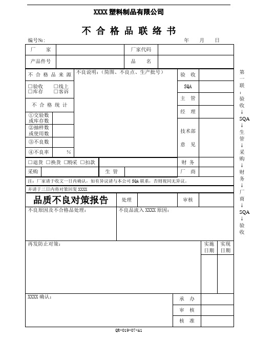 不合格品联络书