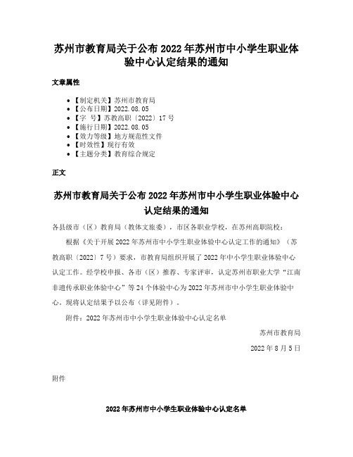 苏州市教育局关于公布2022年苏州市中小学生职业体验中心认定结果的通知