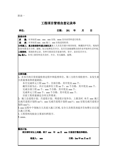 项目工程管理自查表(样表)