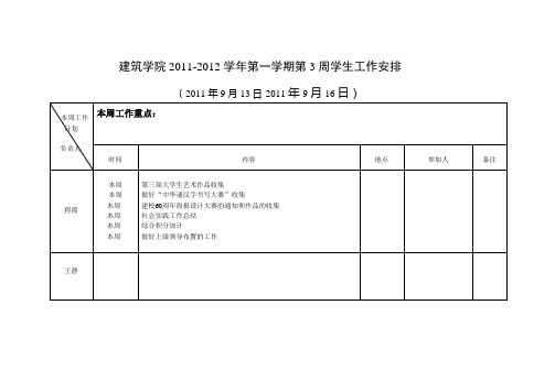 建筑学院2011-2012学年第一学期第3周学生工作安排
