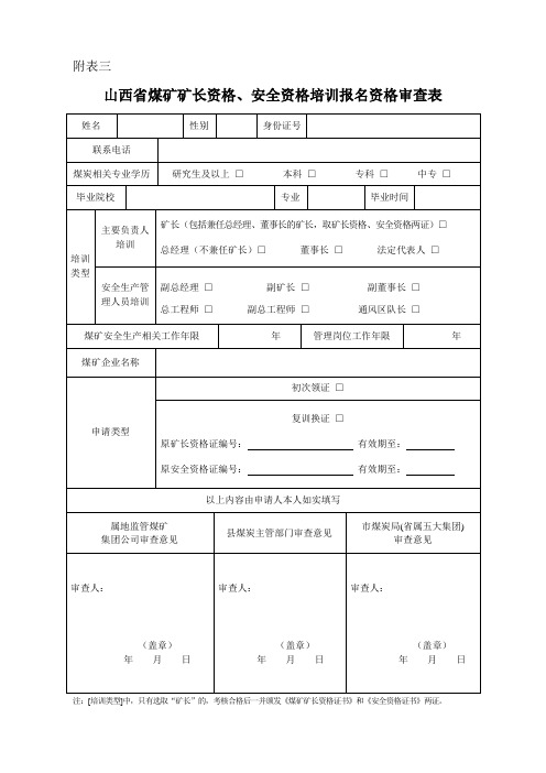 山西省煤矿矿长资格、安全资格培训报名资格审查表