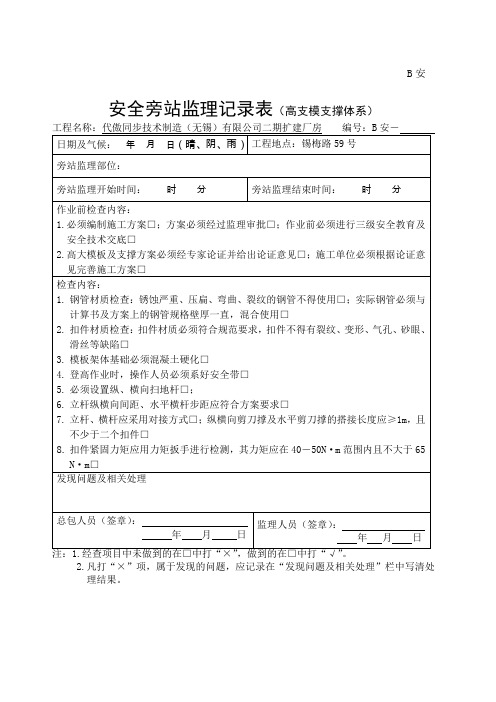 高大模板支撑体系安全旁站记录表