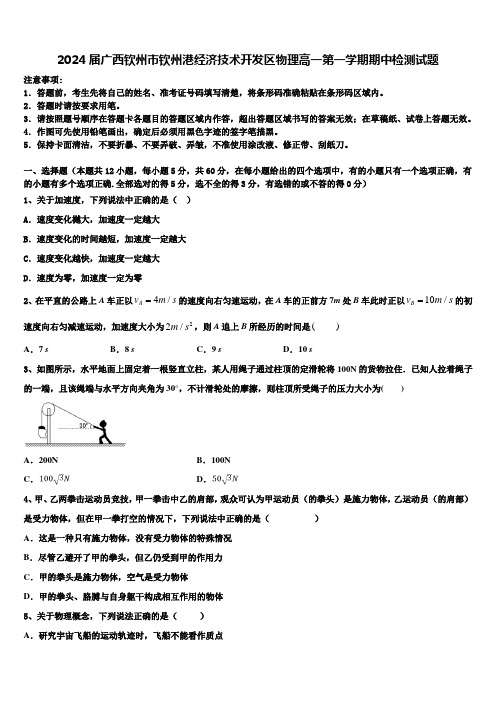 2024届广西钦州市钦州港经济技术开发区物理高一第一学期期中检测试题含解析