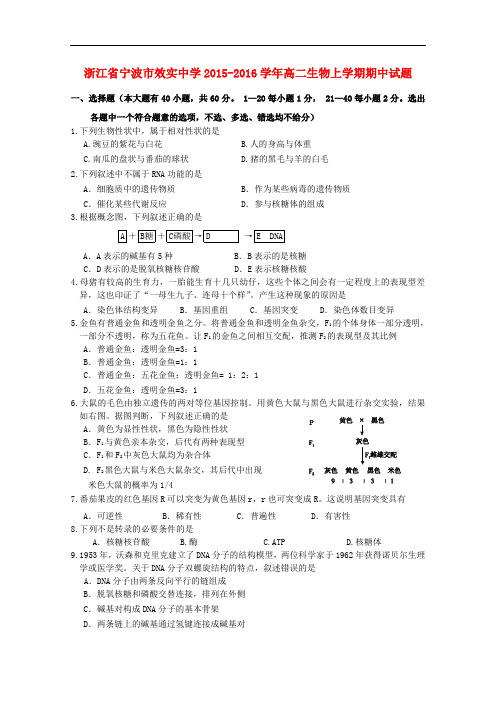 浙江省宁波市效实中学高二生物上学期期中试题