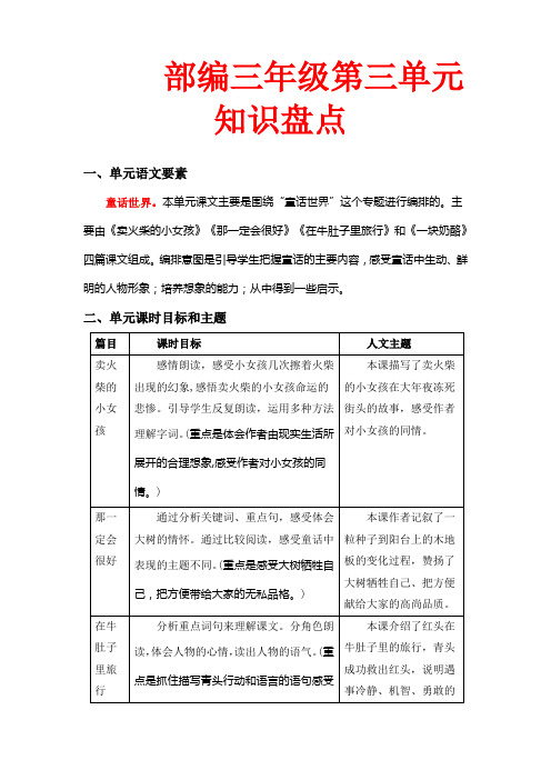 第三单元知识盘点(含字词、佳句、感知、考点)三年级语文上册(部编版,有答案)