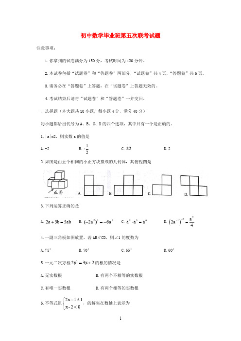 安徽省2020学年初中数学毕业班第五次联考试题