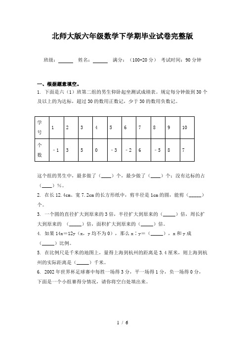 北师大版六年级数学下学期毕业试卷完整版