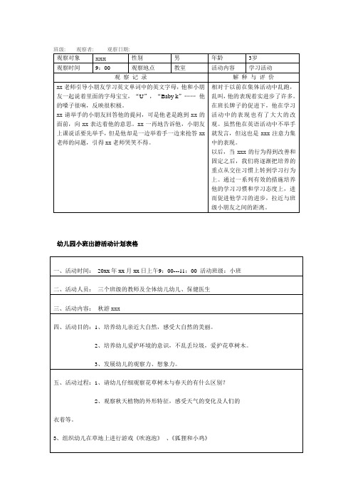 幼儿园常用实用表格：幼儿观察记录表(二)