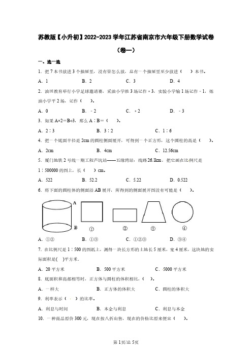 苏教版【小升初】2022-2023学年江苏省南京市六年级下册数学试卷(卷一)含解析