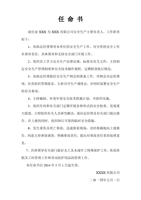 安全生产负责人任命书
