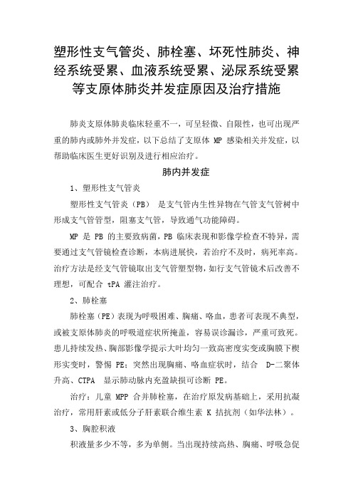 塑形性支气管炎、肺栓塞、神经系统受累、血液系统受累、泌尿系统受累等支原体肺炎并发症原因及治疗措施