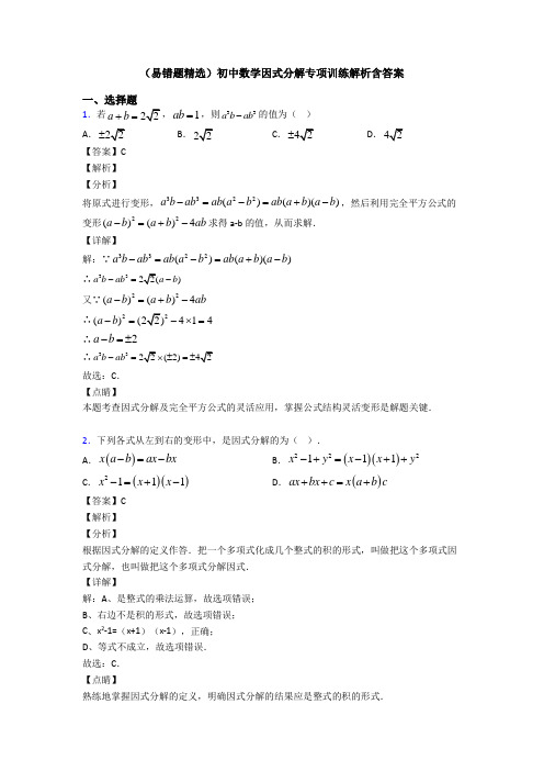 (易错题精选)初中数学因式分解专项训练解析含答案