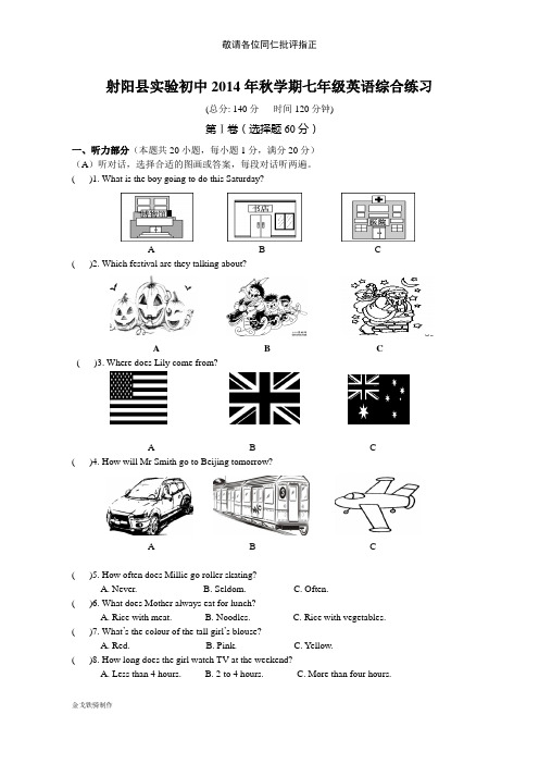 牛津译林版英语七上综合练习 (2)