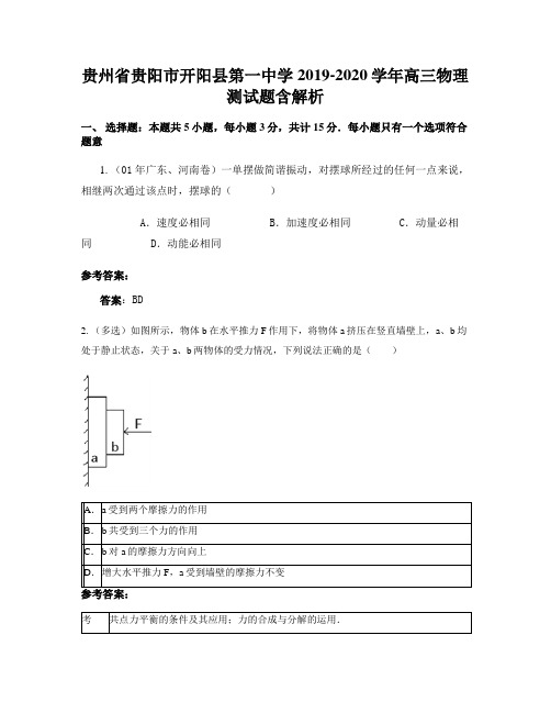 贵州省贵阳市开阳县第一中学2019-2020学年高三物理测试题含解析