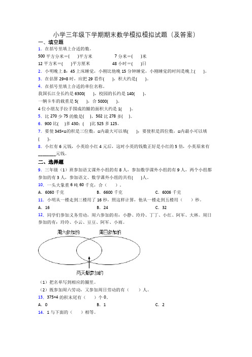 小学三年级下学期期末数学模拟模拟试题(及答案)