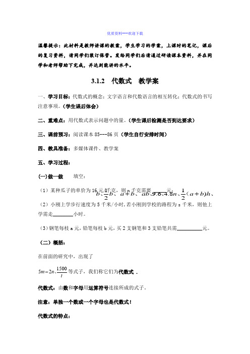 数学华东师大版七年级上册3.1.2代数式 教学案