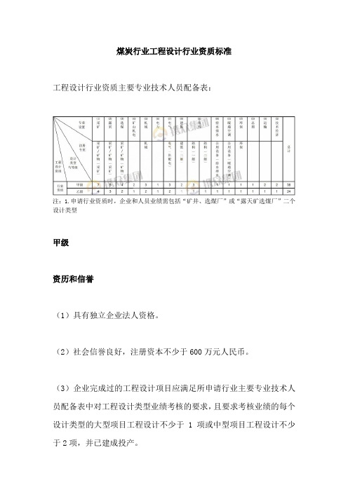 煤炭行业工程设计行业资质标准