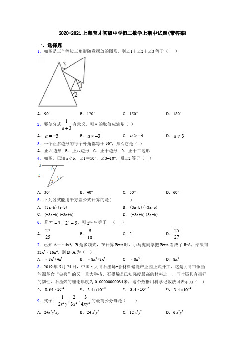 2020-2021上海育才初级中学初二数学上期中试题(带答案)