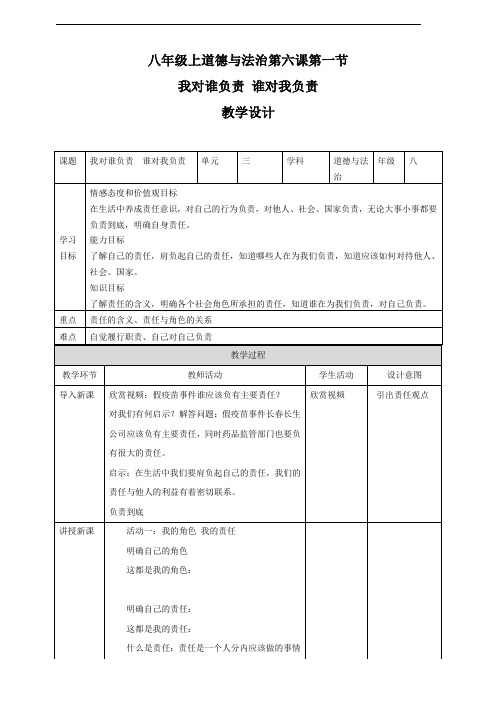 部编人教版八年级道德与法治上册6.1《我对谁负责 谁对我负责》教学设计