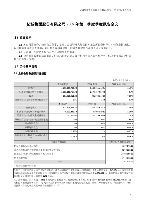 亿城集团股份有限公司2009年第一季度季度报告全文