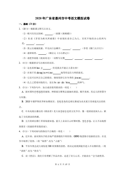 2020年广东省惠州市中考语文模拟试卷及答案解析