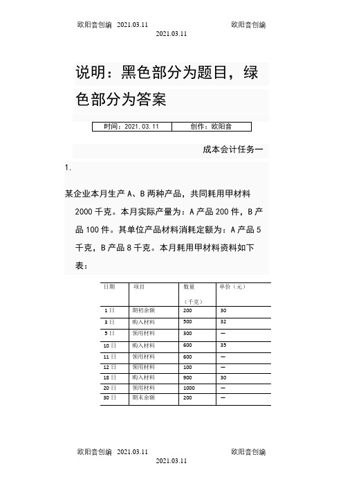 国家开放大学(电大)成本会计形考平台任务1-6答案之欧阳音创编